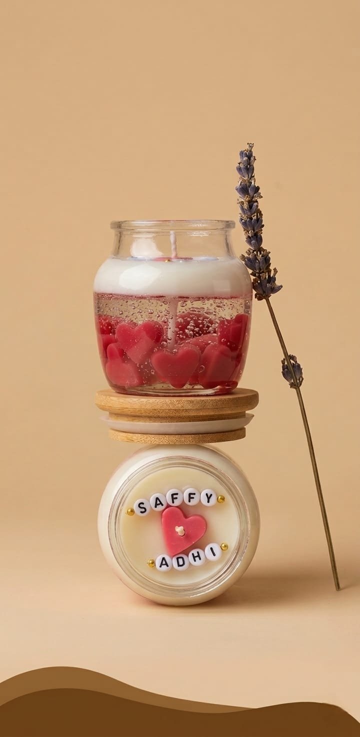 Layered soy wax candle with wax hearts